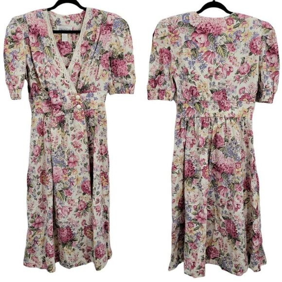 Vintage Dresses & Skirts - Vtg 80's Womens L Dress Cottage Core Mock Wrap Puff Sleeve Full Midi Floral Pink